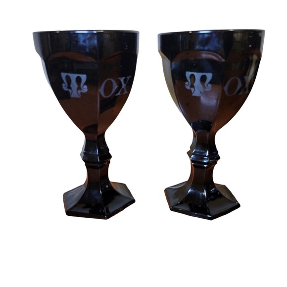 Lot of 2 Black Thick Glass Wine Drink Goblet Chalice Etched Toxic - Picture 2 of 8